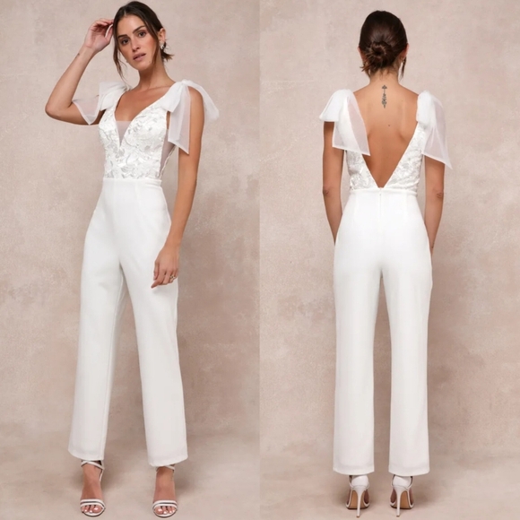 Lulus Dignified Beauty White Mesh Embroidered Tie-Strap Jumpsuit XL Wedding - Picture 1 of 9